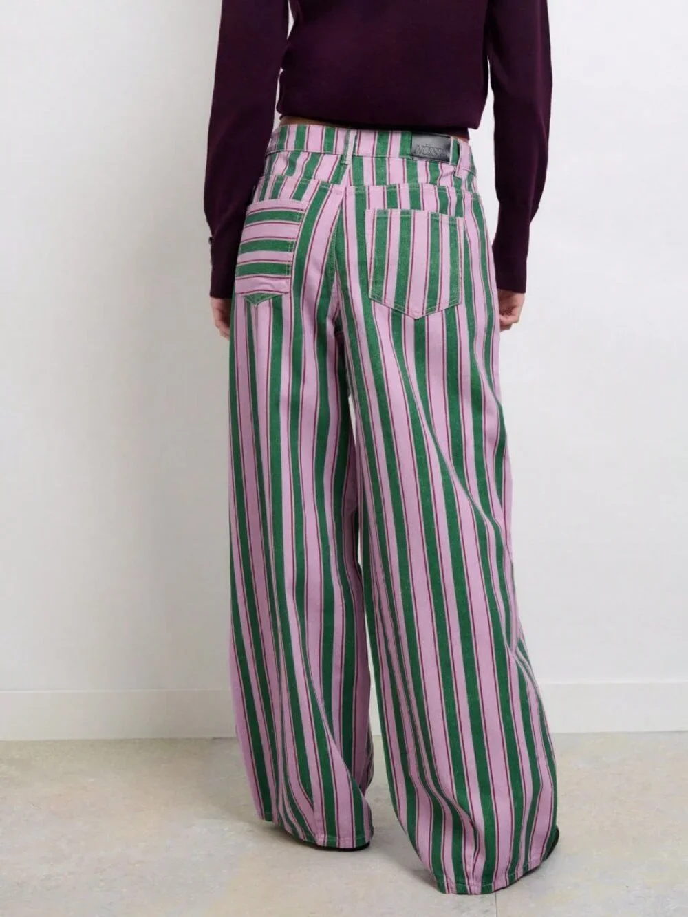 Multicolor Casual Women's Mid Waist Striped Loose Long Five Pocket Balloon Pants